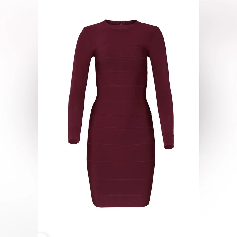 Herve Leger Paris Long Sleeve Bodycon Dress in Burgundy size M new - Picture 2 of 14